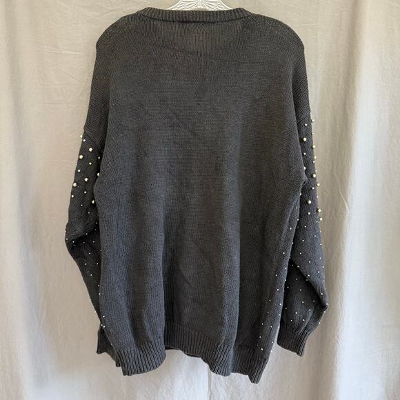 Vintage Rochelle-Forest Black Sweater Gold Stud Beads Ramie Cotton L - Picture 5 of 16